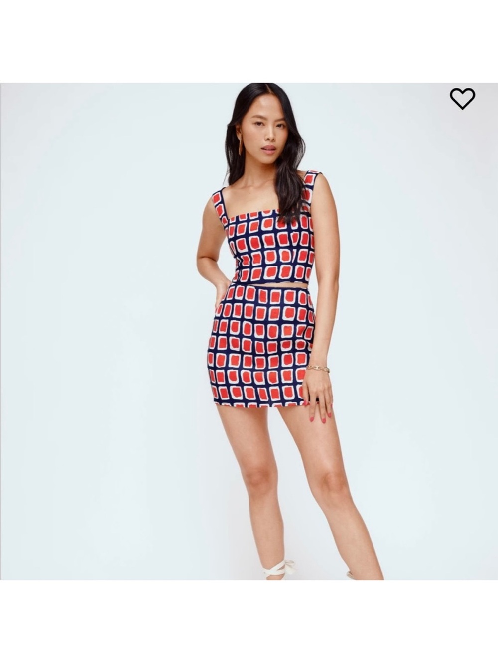 Reformation “Veranda Skirt in Napoli - Red and Navy Geometric Print Mini Skirt